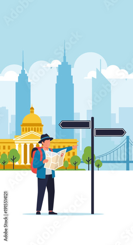 Urban Explorer Consulting Map With Backpack In Cityscape Setting