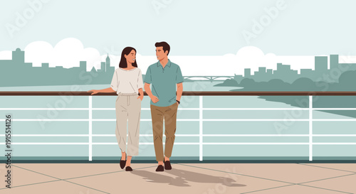 Urban Waterfront Stroll Couple Enjoying Cityscape View