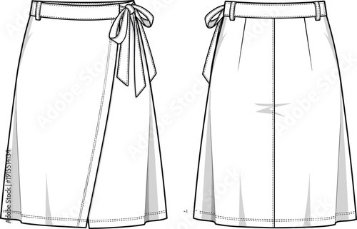 Women’s skirt technical flat sketch, front view, back view, wrap style, tied bow, waistband, pleated detail, darts shaping, center seam, garment construction, apparel design, vector illustration