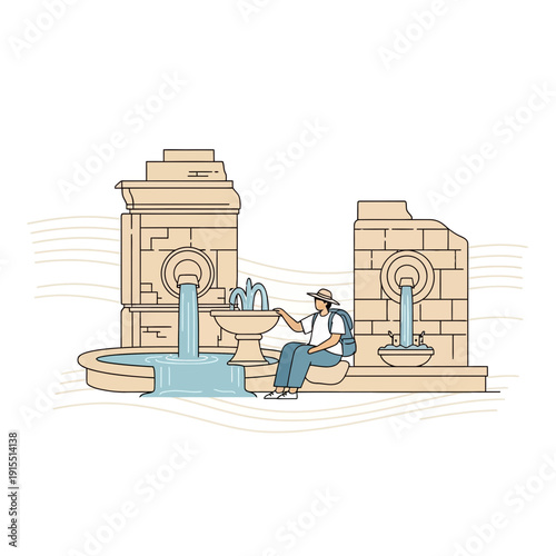 Urban Traveler Enjoys City Fountain Serenity in Architectural Setting