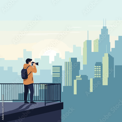 Urban Explorer Capturing Cityscape Views From Rooftop Observation Deck