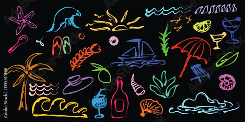 colorful hand drawn summer beach doodle set on black vector, neon summer beach doodle elements on black background, vibrant hand drawn beach doodles set on black