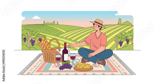 Vineyard Picnic Delight With Wine And Cheese Amidst Rolling Hills