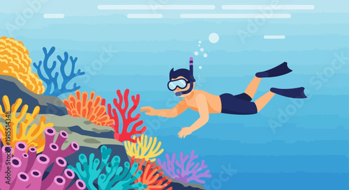 Vibrant Coral Reef Exploration With A Lone Diver Exploring Underwater Biodiversity