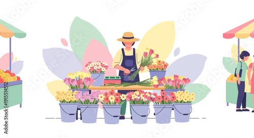 Vibrant Flower Market Scene With Florist Arranging Bouquets And Customers Browsing