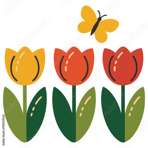 Beautiful Illustration of Spring Flowers Tulips and a Butterfly