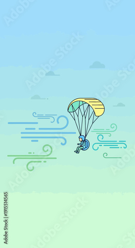 Vibrant Illustration Of Person Paragliding Amidst Stylized Wind Elements