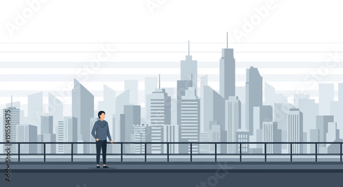Urban Panorama With A Solitary Figure Overlooking Cityscape