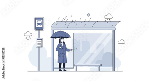 Waiting For Public Transport In A Rainy Day Urban Scene