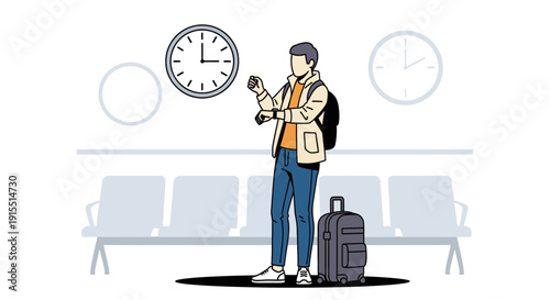 Waiting Traveler Checks Time in Airport Lounge