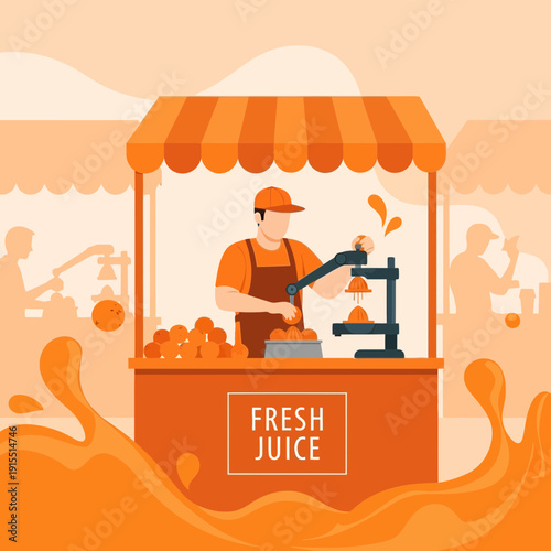 Vibrant Orange Juice Stand Scene With Vendor Making Fresh Juice