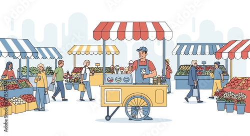 Vibrant Outdoor Market Scene With Diverse Stalls and Shoppers Enjoying The Day