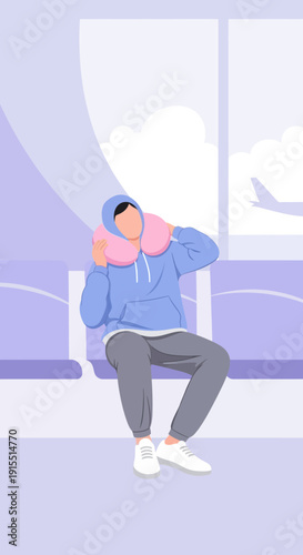 Waiting Patiently For Flight Comfortably Seated With Neck Pillow Relaxation
