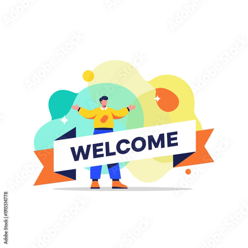 Warm Welcome Greeting Illustration With Abstract Shapes And Friendly Figure