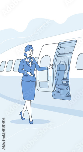 Welcoming Flight Attendant Greets Passengers At Airplane Doorway