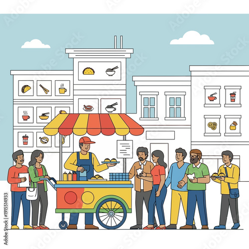 Vibrant Street Food Vendor Serving Diverse Crowd In Urban Setting