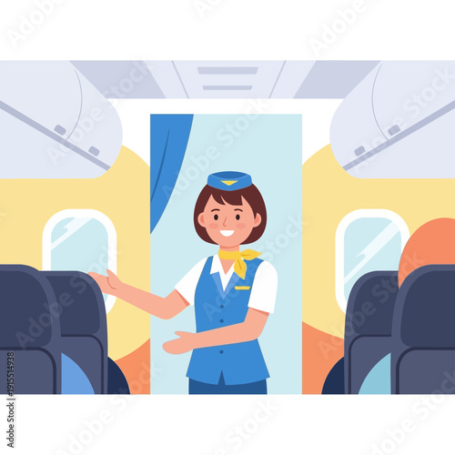 Welcoming Flight Attendant Inside Airplane Cabin Greeting Passengers
