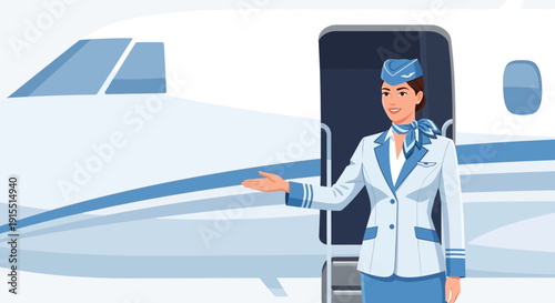 Welcoming Flight Attendant Greets Passengers by Private Jet Doorway