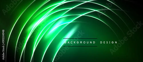 Abstract green neon lines create dynamic curved shapes. Dark background enhances glowing effect, modern design element.