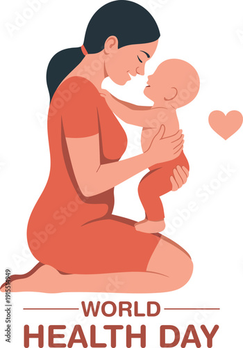 World health day illustration of mother and baby promoting love care and wellness