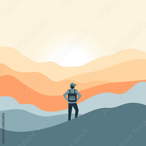 Vibrant Sunrise Over Rolling Hills With Solitary Hiker Observing Nature's Grandeur