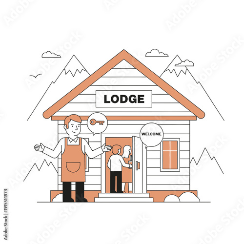 Welcoming Guests To A Mountain Lodge Entrance And Reception