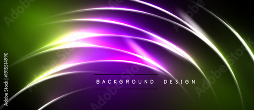 Abstract neon lines create vibrant curves. Green, purple, yellow hues blend into dark background. Modern design element.