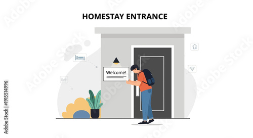 Welcoming Tourist Arriving At A Modern Homestay Entrance With Digital Amenities