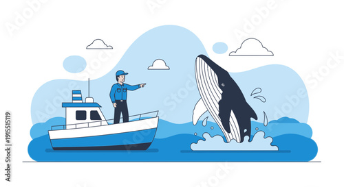 Whale Watching Adventure Person On Boat Points At Breaching Humpback Whale Illustration