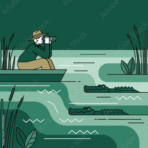 Wildlife Photographer Observing Alligators in Swampy Waters Discovering Nature's Wonders