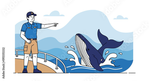 Whale Watching Tour Guide Points To Breach While Sailor Observes Marine Life