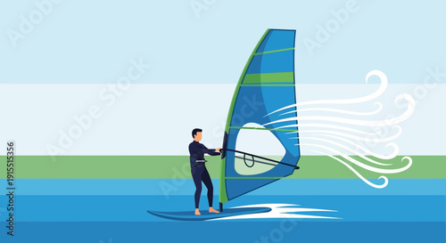 Windsurfing Adventure On Blue Water With Breeze And Sky Colors