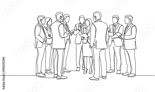 Business people silhouette group standing discussion continous line art_26