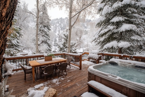 Outdoor hot tub steaming on wooden cabin deck surrounded by snowy forest. Cozy winter getaway scene perfect for Christmas holiday