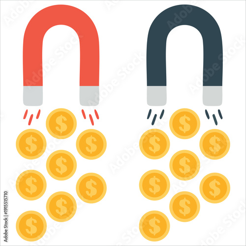 Financial Attraction Concept with Magnet and Gold Coins Isolated Vector Illustration on White Background