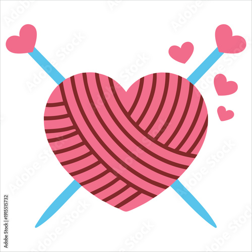 Hand Drawn Heart Shaped Skein of Yarn with Knitting Needles on Pink Background