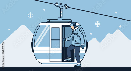 Winter Gondola Ride Adventure Ascending Snowy Peaks With Skier