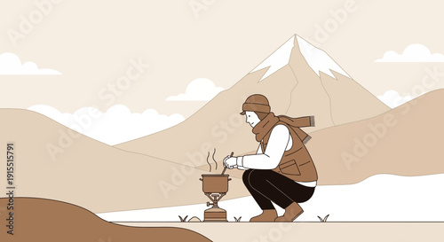 Winter Mountain Camping Meal Preparation Illustration For Outdoor Adventurers