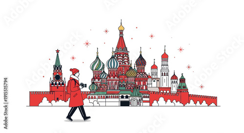 Winter Moscow Kremlin Landmark Tourist With Camera Scene