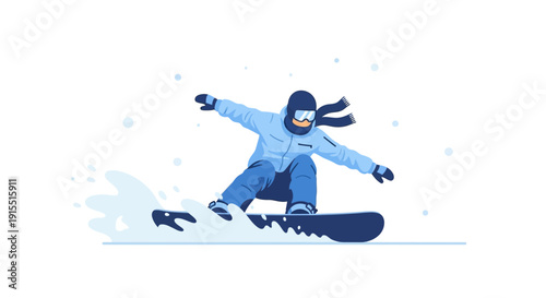Winter Snowboarder Riding Downhill In A Blue Outfit And Snow Spray