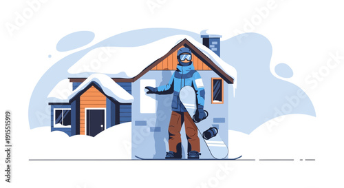 Winter Snowboarder Stands Outside Cozy Cabin Covered In Snow During Blizzard