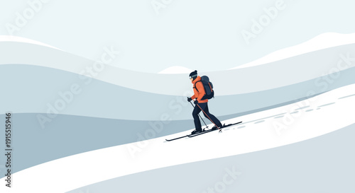 Winter Sport Adventure Lone Skier Descending Snowy Mountain Slopes