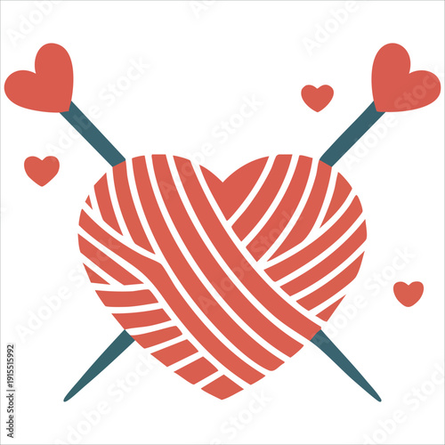 Romantic Knitting Concept with Yarn Heart and Needles Decorated with Hearts Isolated Vector Illustration on White Background