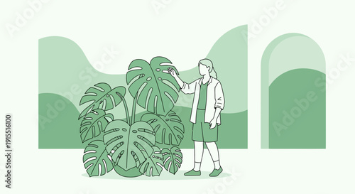 Woman Admiring Large Tropical Plant Indoors