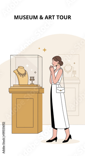 Woman Admiring Jewelry Display In Museum