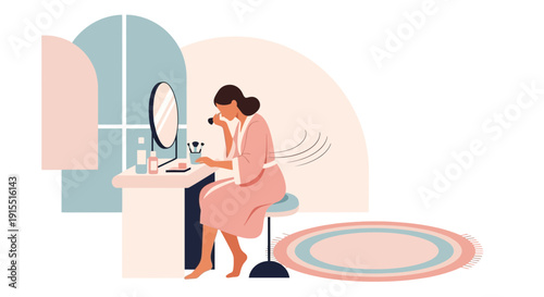 Woman Applying Makeup At Vanity Table In Soft Pastel Room