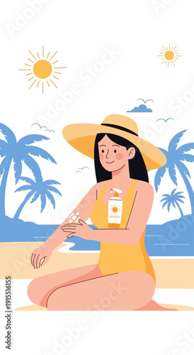Woman Applying Sunscreen At Beach Protecting Her Skin From The Sun