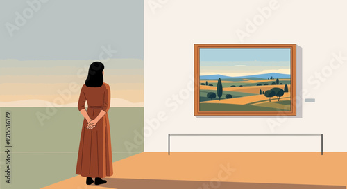 Woman Appreciates Landscape Painting In Art Gallery Setting