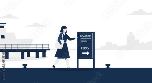 Woman Approaching Ferry Boarding Sign at Waterfront Dock Transportation