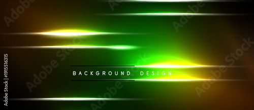 Abstract background features vibrant green, yellow gradients. Horizontal lines create dynamic visual effect. Dark space dominates composition.